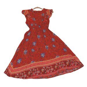 Small Boho Floral Red Midi Dress – Ruffle Sleeves, Smocked Waist, Flowing Skirt